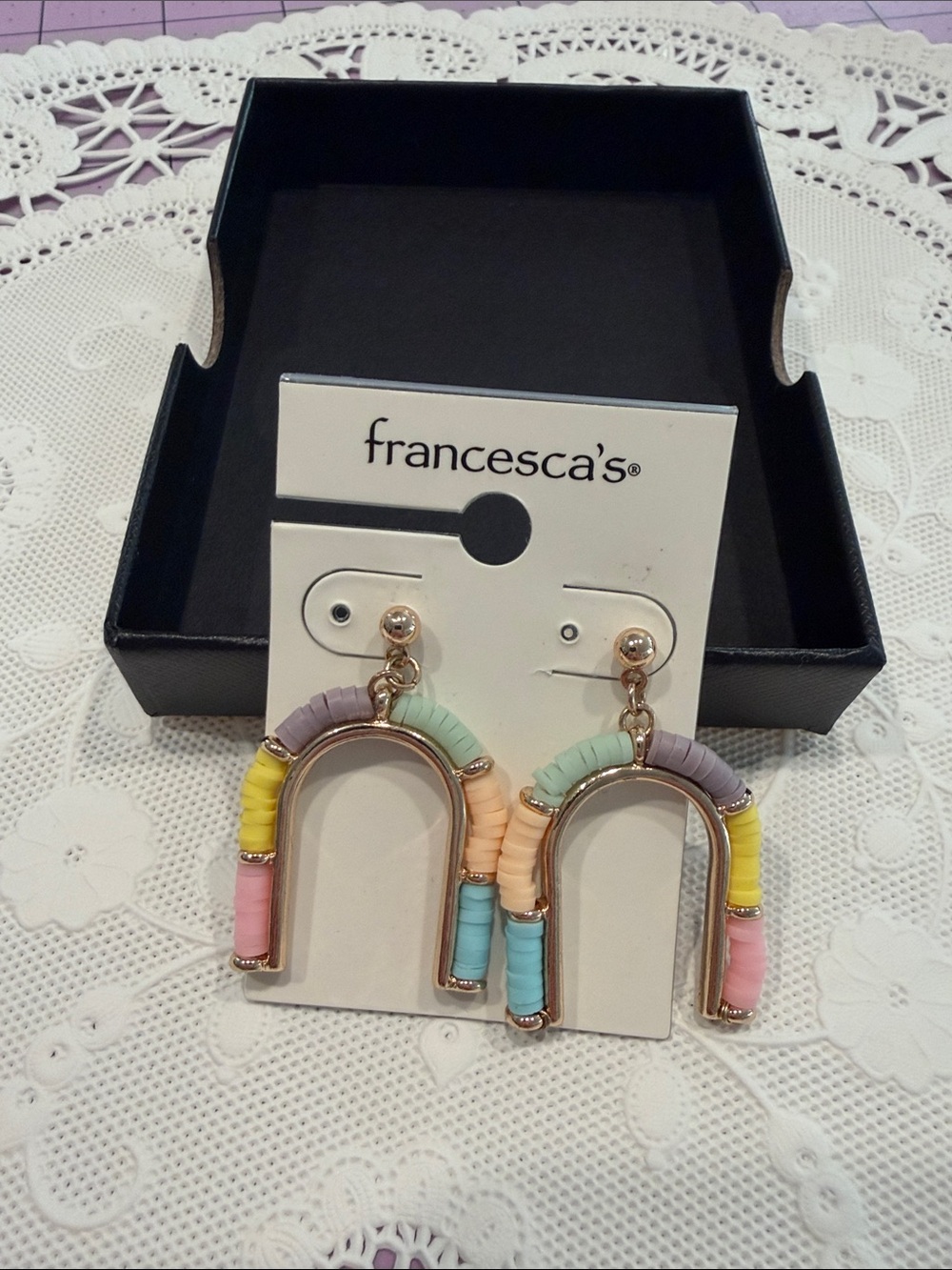 Francesca’s Pastel Rainbow Arch Earrings gold and pastel coloring beading